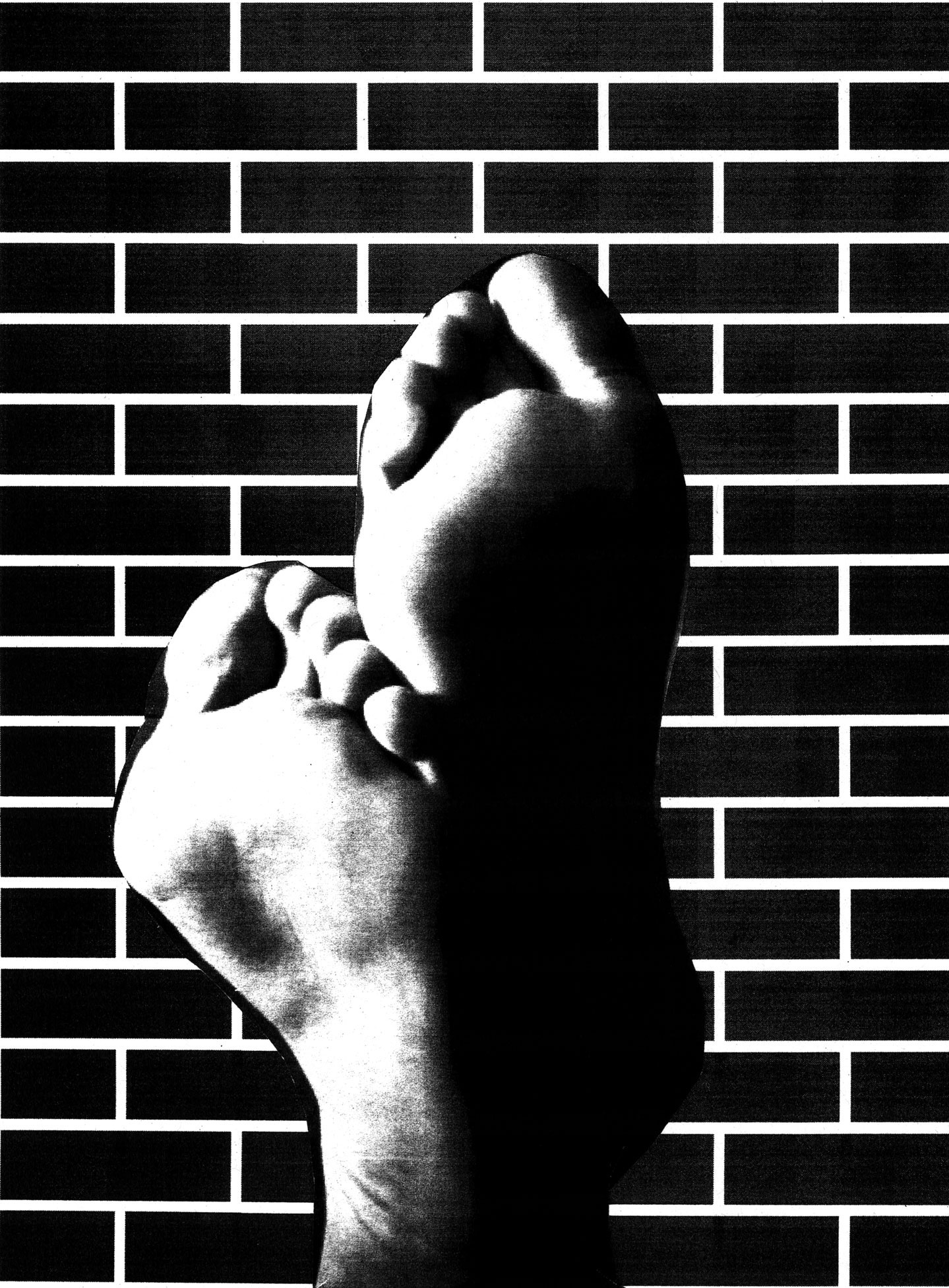 A collage showing a public sculpture in the shape of two feet over a brick wall background
