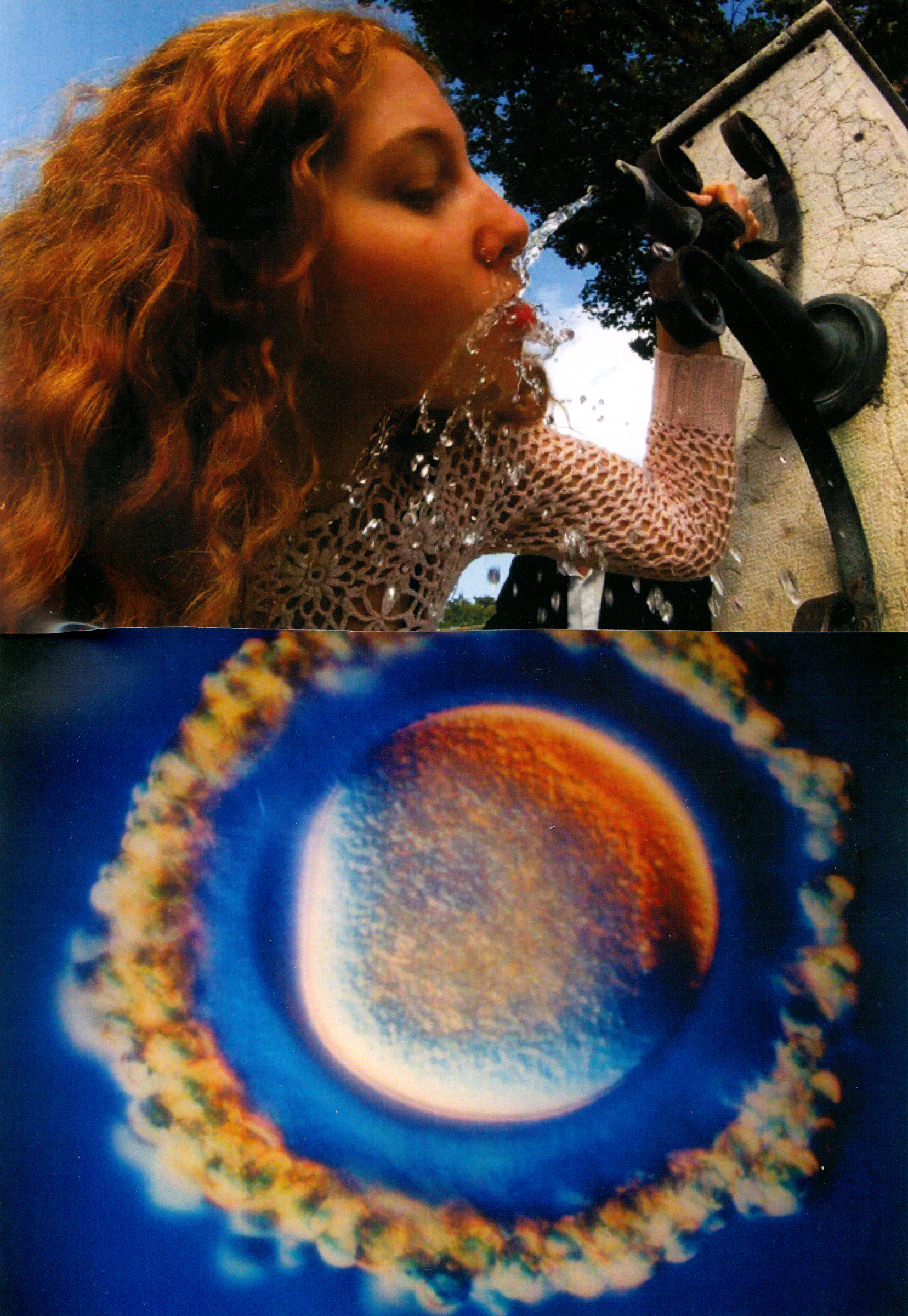Poster: a collage in two parts showing a redhead woman drinking from a tap and an egg cell